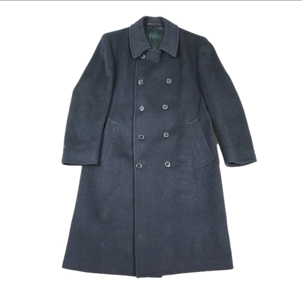 Vtg Wallachs Wool Overcoat Mens 40 P2P Navy Blue Double Breasted Dark Academia